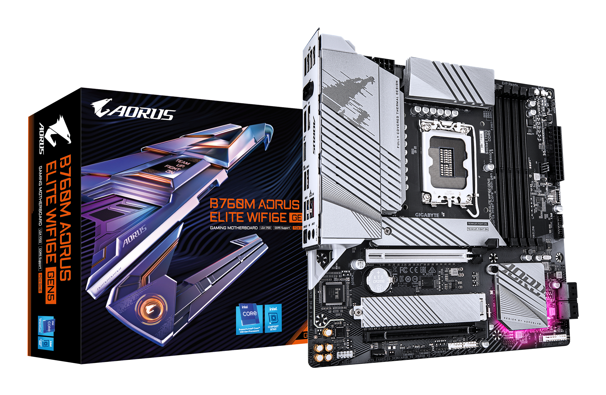 B760M AORUS ELITE WIFI6E GEN5 Carte Mère – Compatible avec les processeurs Intel Core 14e génération, VRM numérique 12+1+1 phases, jusqu’à 5600 MHz DDR5, 2 x M.2 PCIe 4.0, Wi-Fi 6E, LAN 2.5 GbE, USB 3.2 Gen 2x2