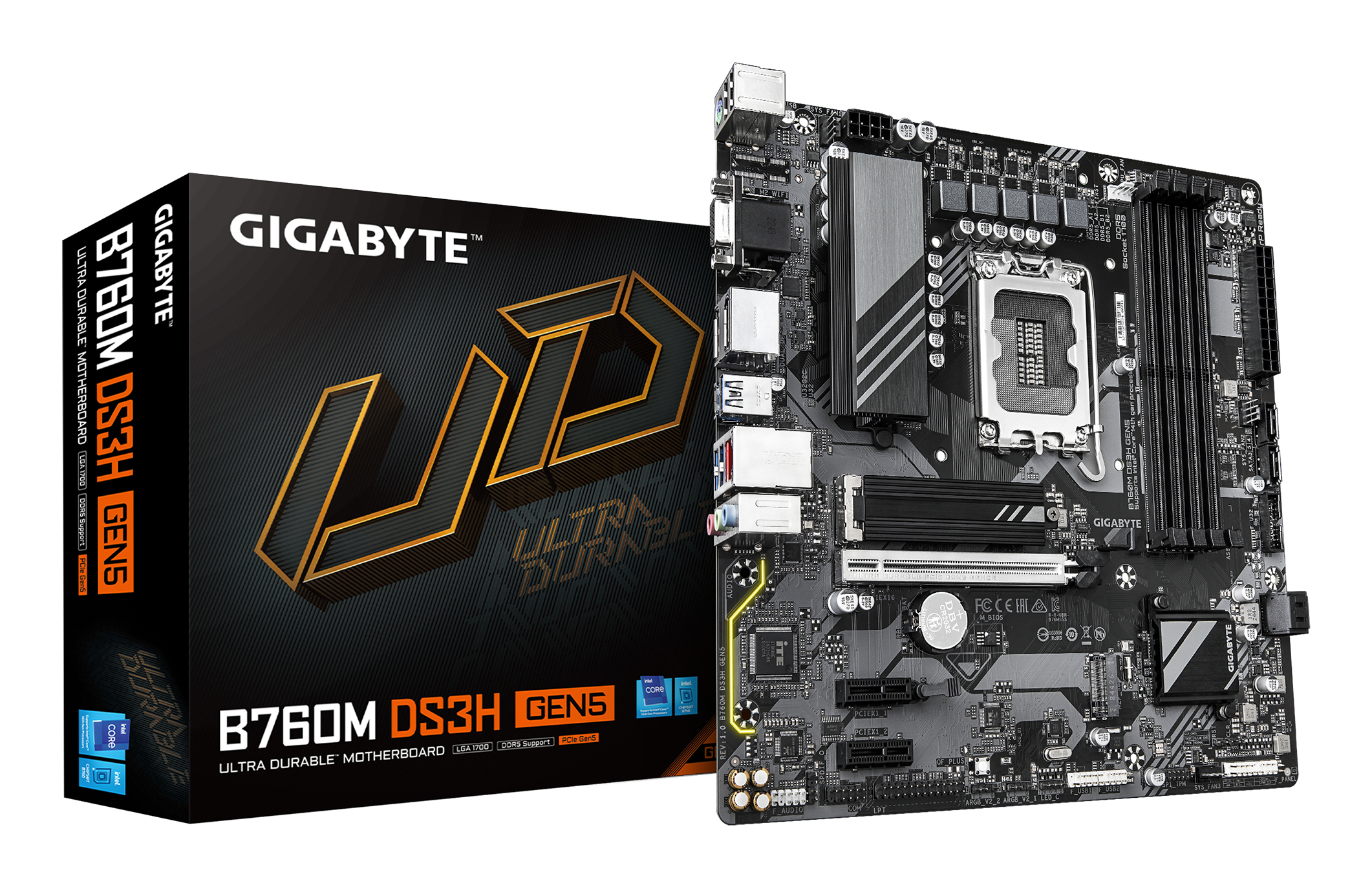 B760M DS3H GEN5 Carte Mère – Prend en charge les processeurs Intel Core 14e génération, VRM numérique 6+2+1 phases, jusqu'à 5600 MHz DDR5, 2 x M.2 PCIe 4.0, LAN 2.5GbE, USB 3.2 Gen2