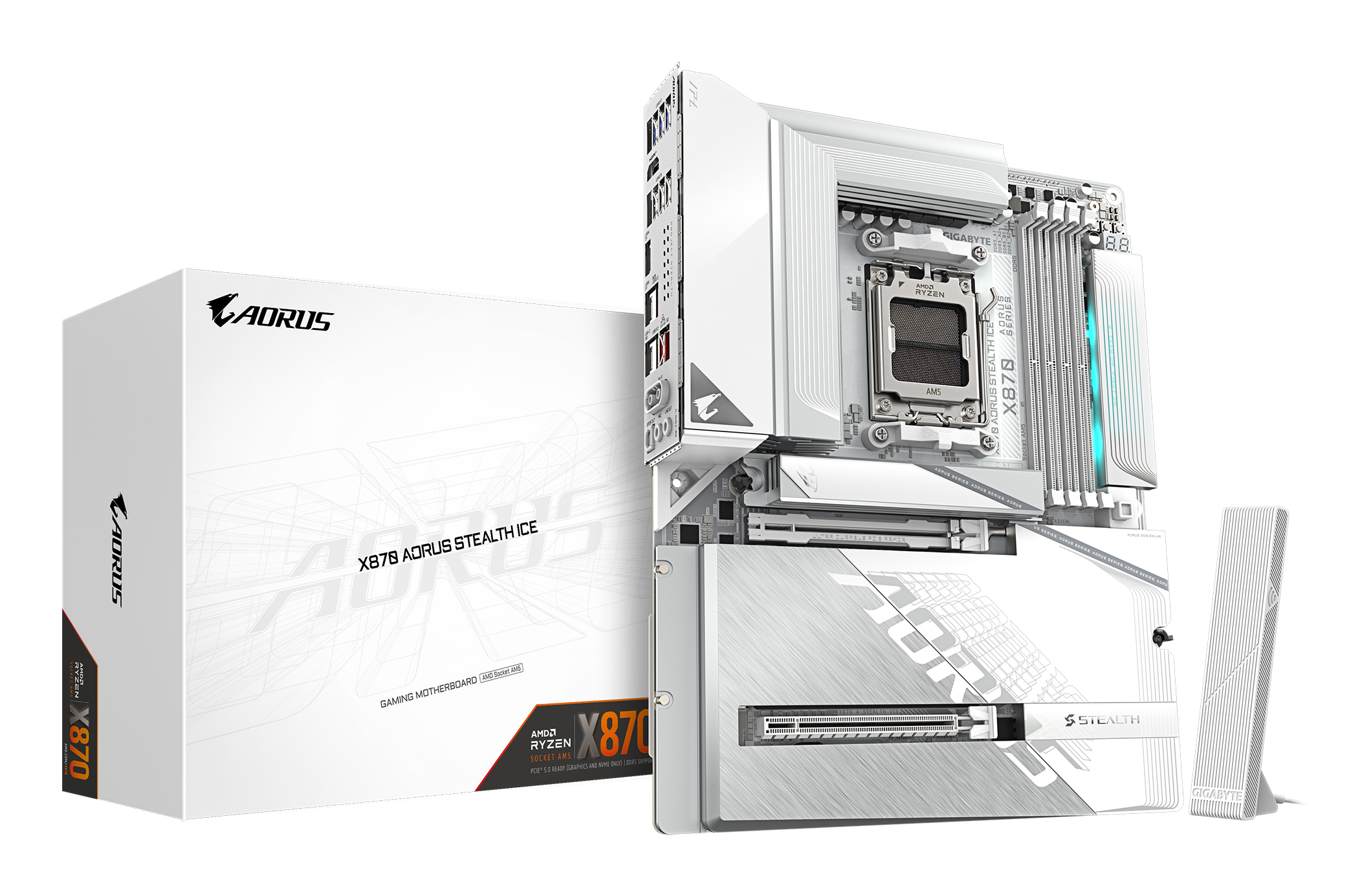 X870 AORUS STEALTH ICE Carte Mère – Prend en charge les processeurs AMD Ryzen 9000, VRM numérique 16+2+2 phases, jusqu’à 8200 MHz DDR5 (OC), 2 x PCIe 5.0 + 2 x PCIe 4.0, Wi-Fi 7, LAN 5 GbE, USB 4