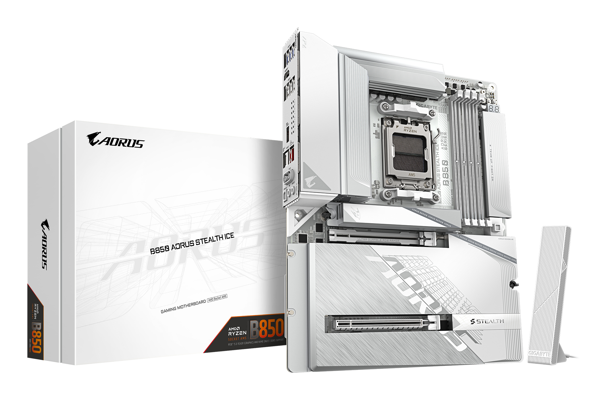 B850 AORUS STEALTH ICE Carte Mère – Processeurs AMD Ryzen série 9000, VRM numérique 14+2+2 phases, jusqu’à 8200 MHz DDR5 (OC), 2 x M.2 PCIe 5.0 + 2 x PCIe 4.0, Wi-Fi 7, LAN 5 GbE, USB 3.2 Gen 2
