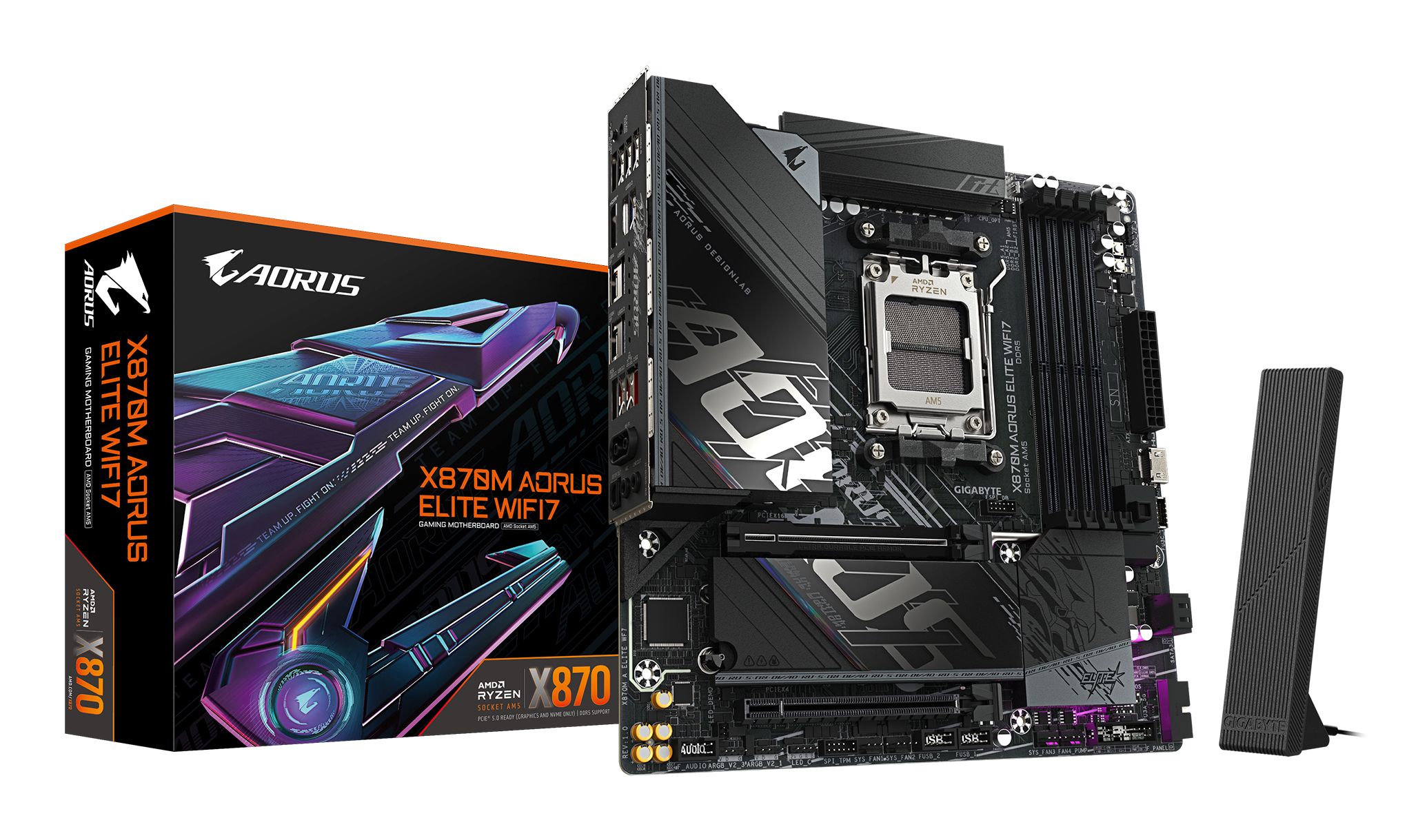 X870M AORUS ELITE WIFI7 Carte Mère – Compatible avec les processeurs AMD Ryzen 9000, VRM numérique 14+2+2 phases, jusqu'à 8200 MHz DDR5 (OC), 1 x PCIe 5.0 + 1 x PCIe 4.0, Wi-Fi 7, LAN 2.5 GbE, USB 4