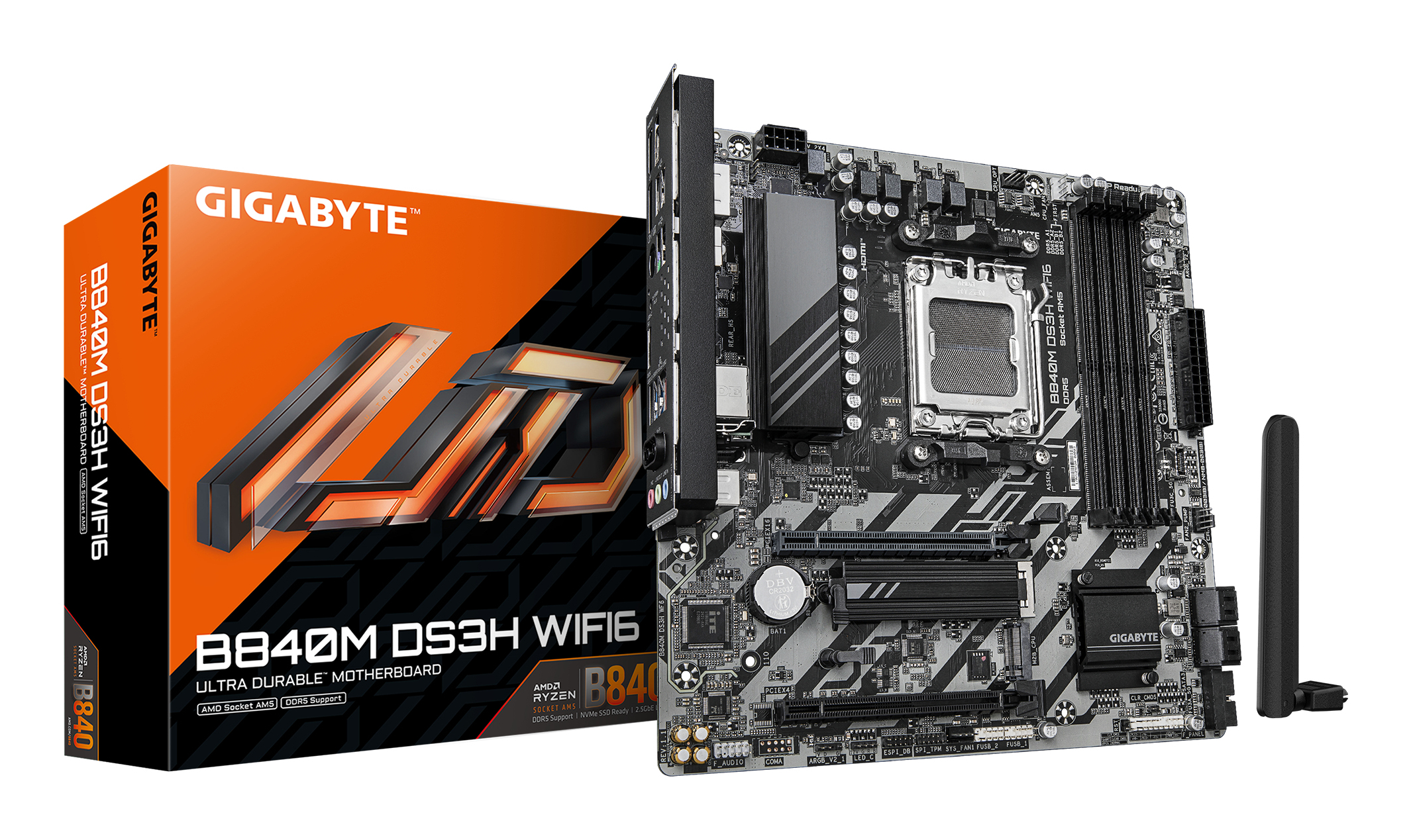 B840M DS3H WIFI6 Carte Mère – Processeurs AMD Ryzen 9000, VRM numérique 8+2+2 phases, jusqu'à 8200 MHz DDR5, 2 x M.2 PCIe 4.0, Wi-Fi 6, LAN 2,5 GbE, USB 3.2 Gen 1