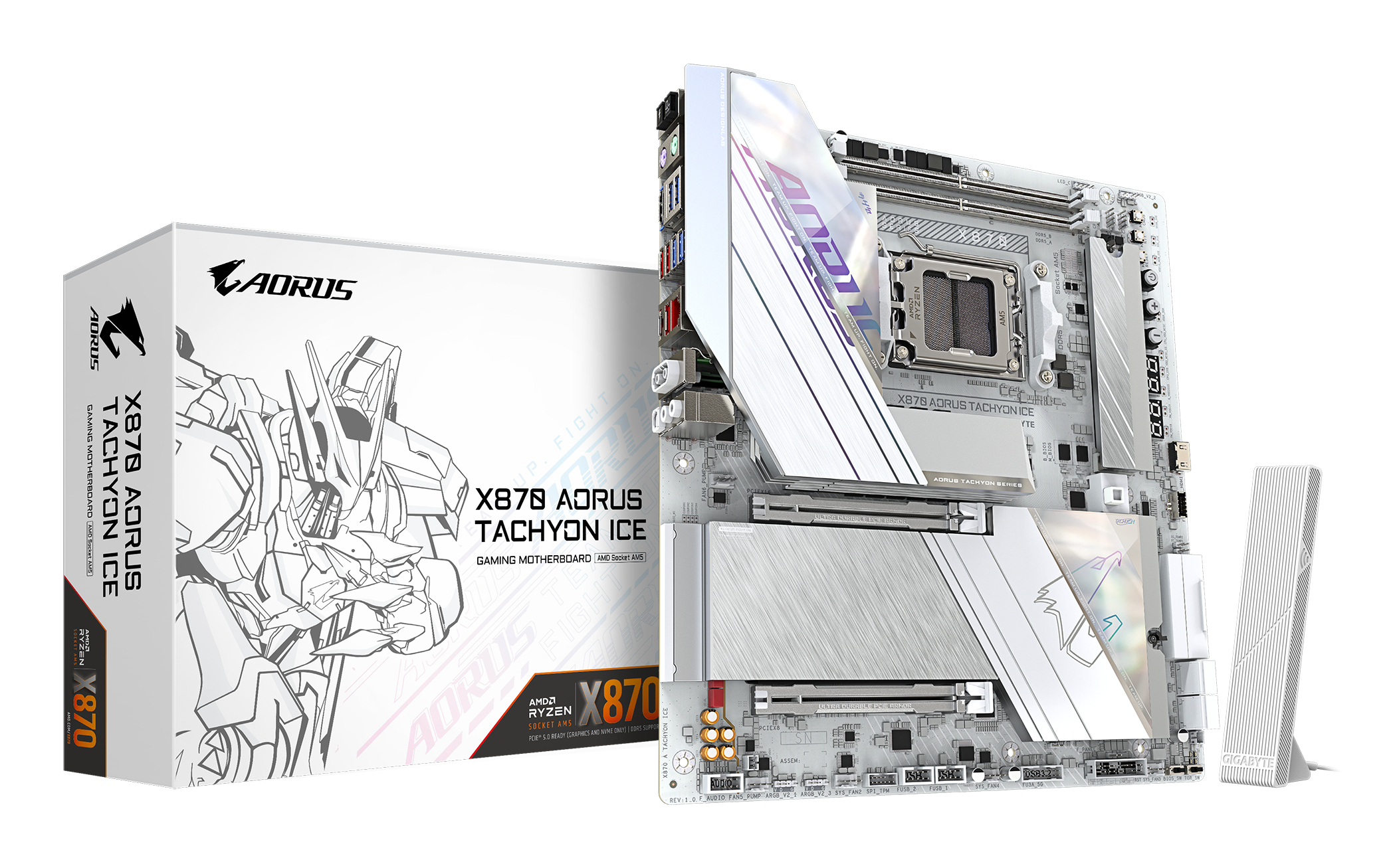X870 AORUS TACHYON ICE Carte Mère – Compatible avec les processeurs AMD Ryzen 9000, VRM numérique 18+2+2 phases, jusqu'à 9600 MHz DDR5 (OC), 1 x PCIe 5.0 + 2 x PCIe 4.0, Wi-Fi 7, LAN 5 GbE, USB 4
