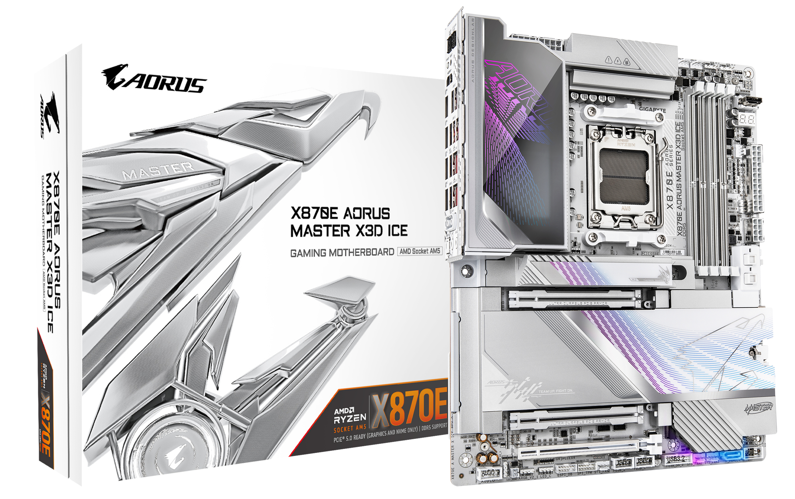 X870E AORUS MASTER X3D ICE Carte Mère – Prend en charge les processeurs AMD Ryzen 9000, VRM numérique 18+2+2 phases, jusqu’à 9000 Hz DDR5 (OC), 2 x PCIe 5.0 + 3 x PCIe 4.0, Wi-Fi 7, LAN 10 GbE, USB 4