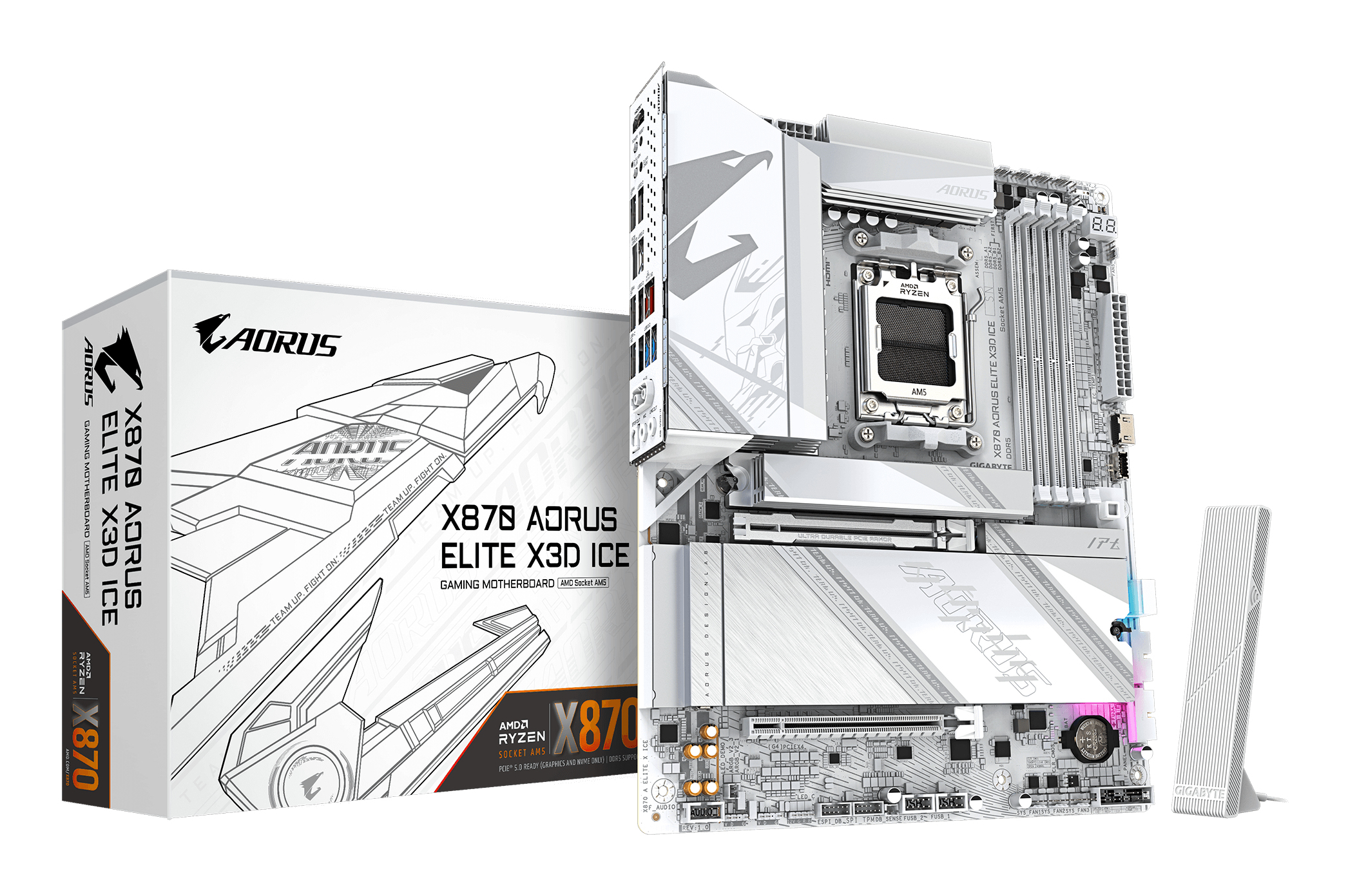 X870 AORUS ELITE X3D ICE Carte Mère - Compatible avec processeurs AMD Ryzen 9000, VRM numérique 16+2+2 phases, jusqu’à 9000Hz DDR5 (OC), 2xPCIe 5.0 + 2xPCIe 4.0, Wi-Fi 7, LAN 2.5GbE, USB 4