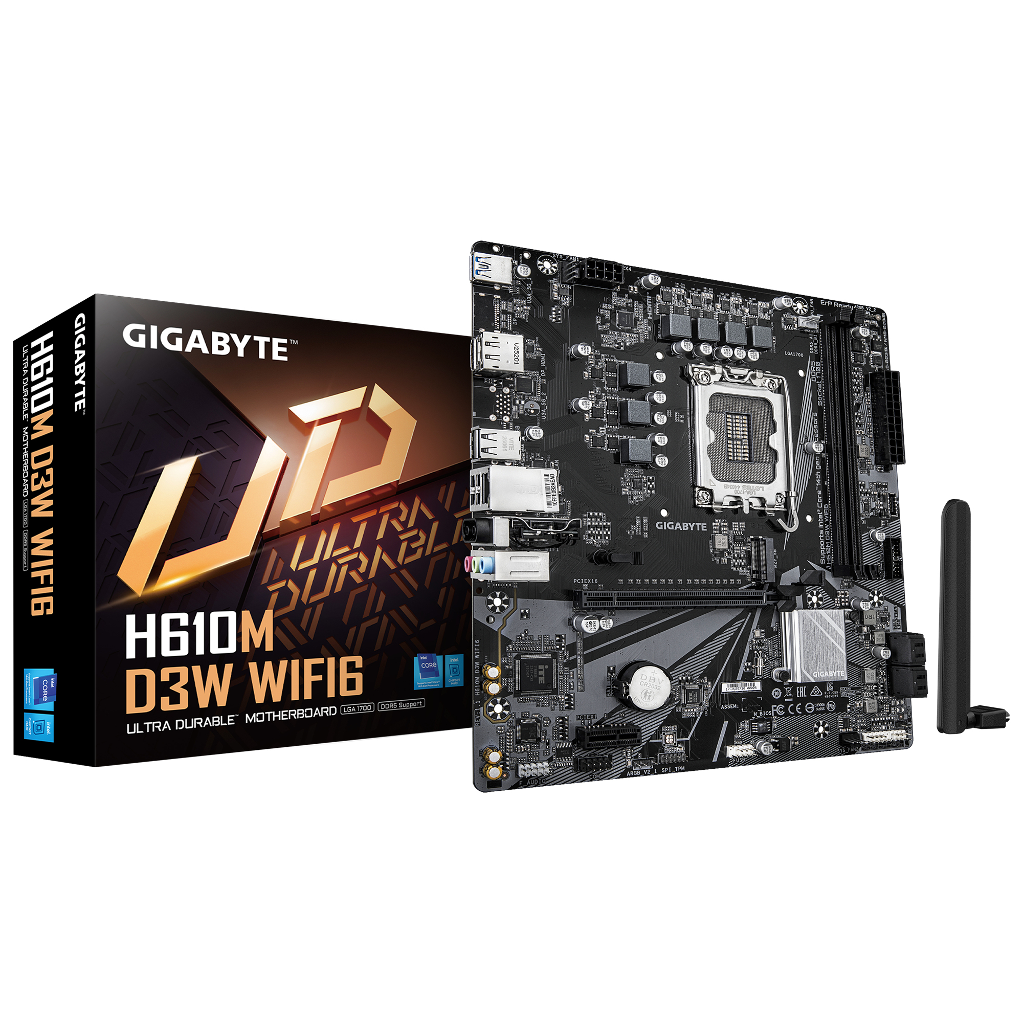 H610M D3W WIFI6 Carte Mère - Prend en charge les processeurs Intel Core 14e génération, VRM 5+1+1 phases, jusqu’à 5600MHz DDR4, 1xPCIe 3.0 M.2, Wi-Fi 6, LAN 1GbE, USB 3.2 Gen 1