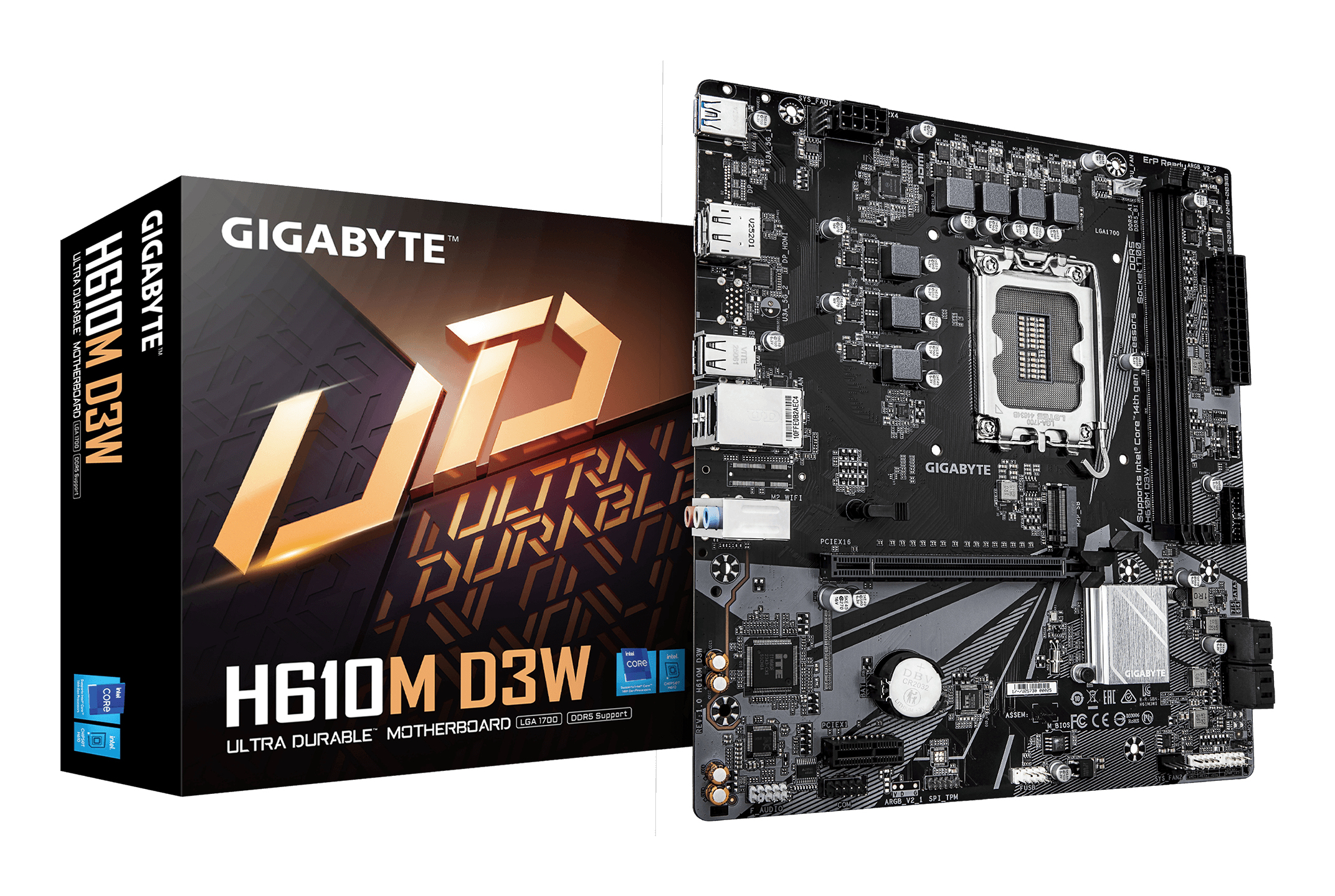 H610M D3W Carte Mère - Prend en charge les processeurs Intel Core 14e génération, VRM 5+1+1 phases, jusqu’à 5600MHz DDR5, 1xPCIe 3.0 M.2, LAN 1GbE, USB 3.2 Gen 1