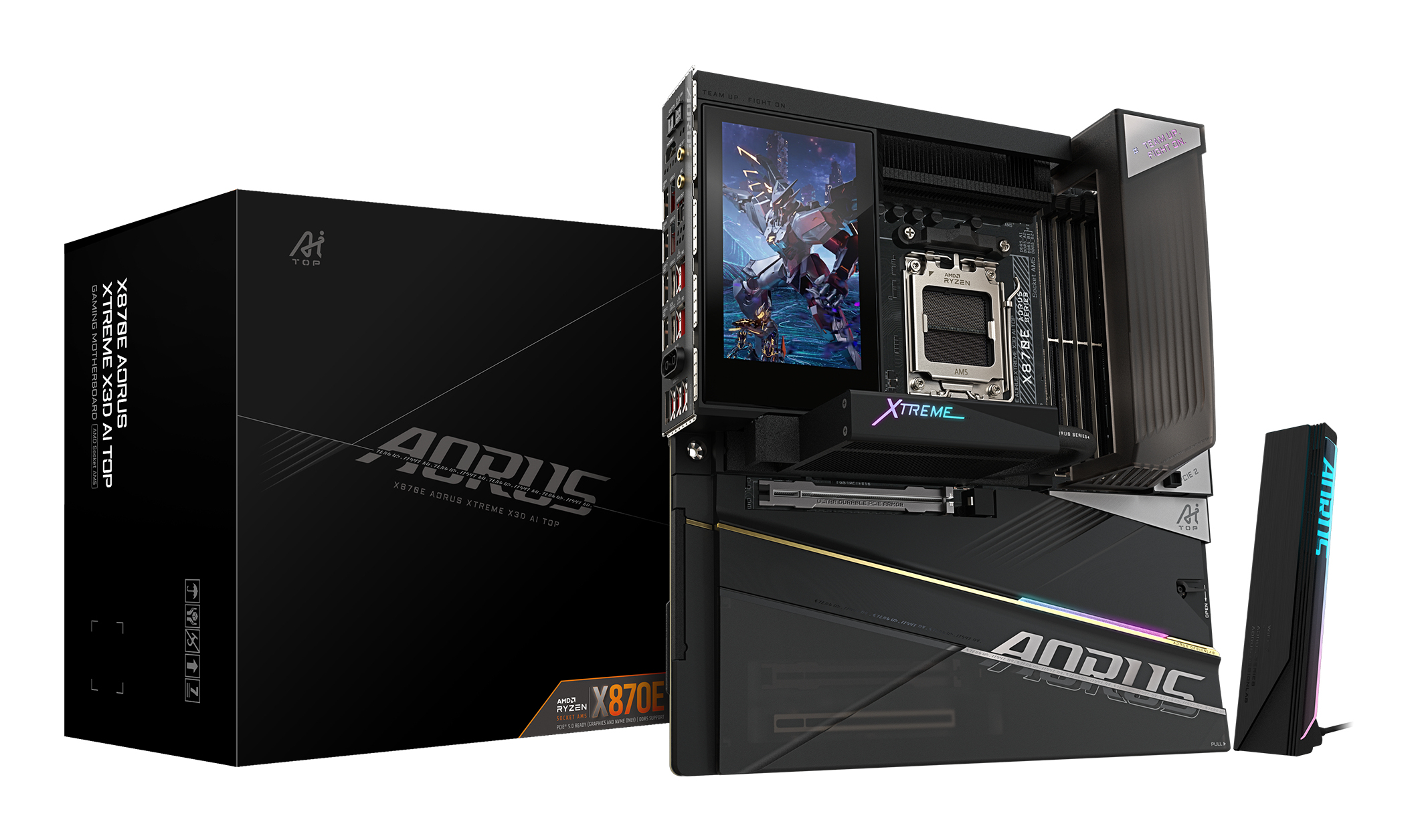 X870E AORUS XTREME X3D AI TOP Carte Mère - Prend en charge les processeurs AMD Ryzen série 9000, VRM 24+2+2 phases, jusqu’à 9000MHz DDR5 (O.C.), 2xPCIe 5.0 M.2 + 3xPCIe 4.0 M.2, Wi-Fi 7, LAN 10GbE, USB 4