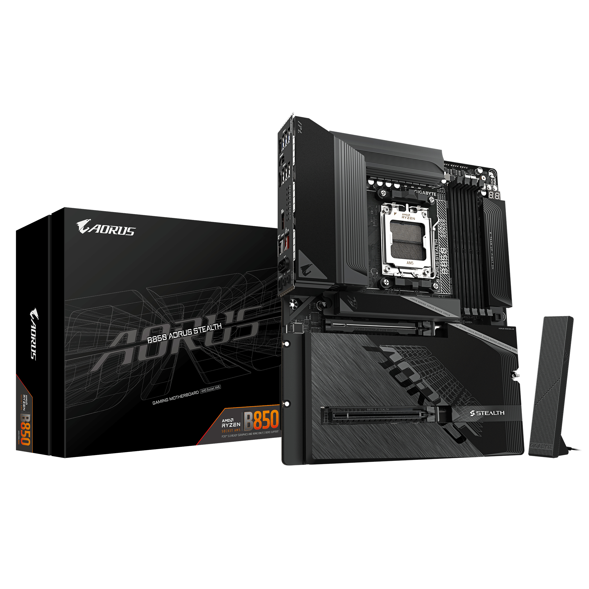 B850 AORUS STEALTH Carte Mère – Processeurs AMD Ryzen 9000 Series, VRM numérique 14+2+2 phases, jusqu’à 8200 MHz DDR5 (O.C.), 2× M.2 PCIe 5.0 + 2× M.2 PCIe 4.0, Wi-Fi 7, LAN 5 GbE, USB 3.2 Gen 2