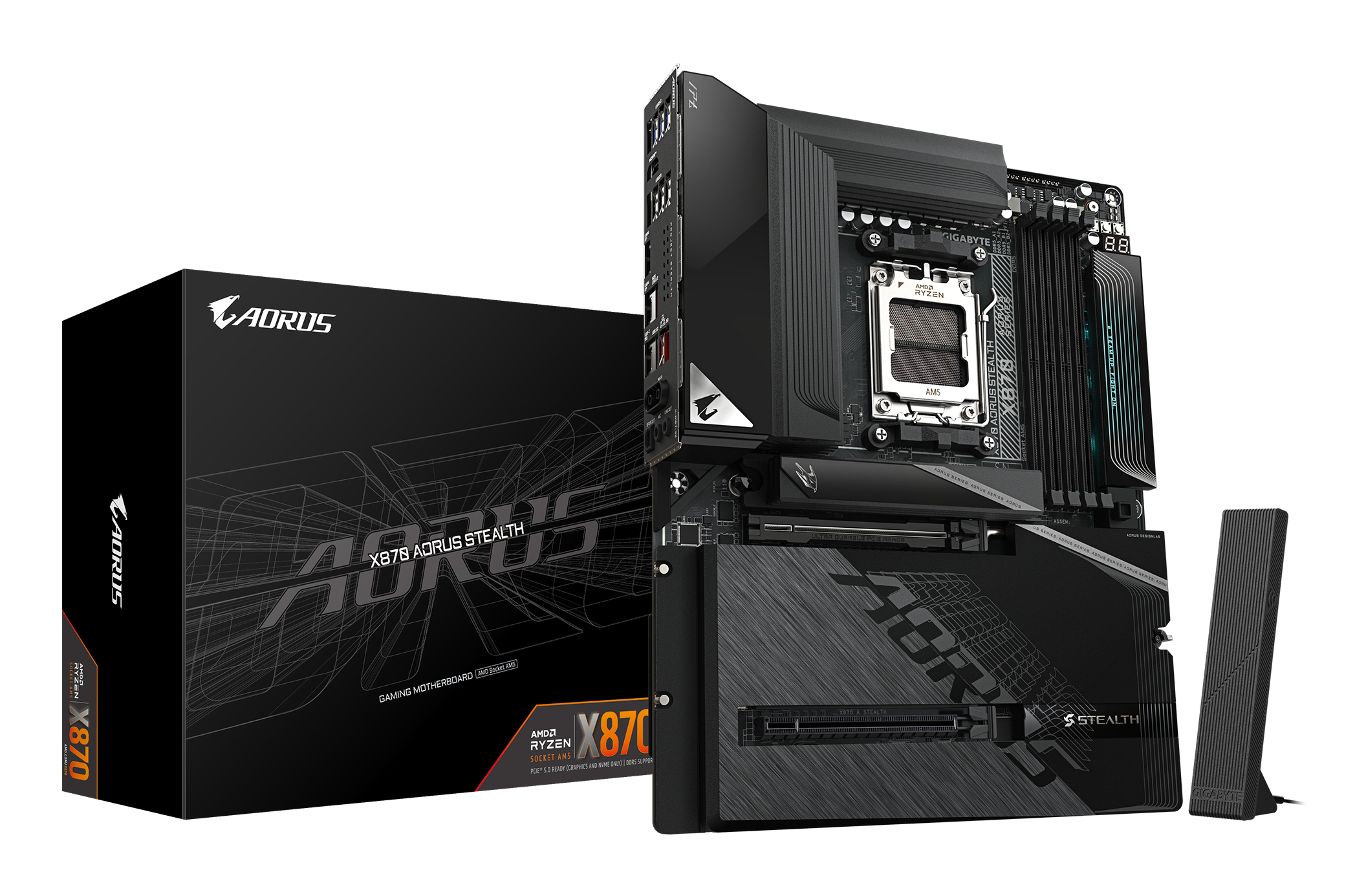 X870 AORUS STEALTH Carte Mère - Prend en charge les processeurs AMD Ryzen 9000, VRM numérique 16+2+2 phases, jusqu’à 8200MHz DDR5 (O.C.), 2xPCIe 5.0 + 2xPCIe 4.0, Wi-Fi 7, LAN 5GbE, USB 4
