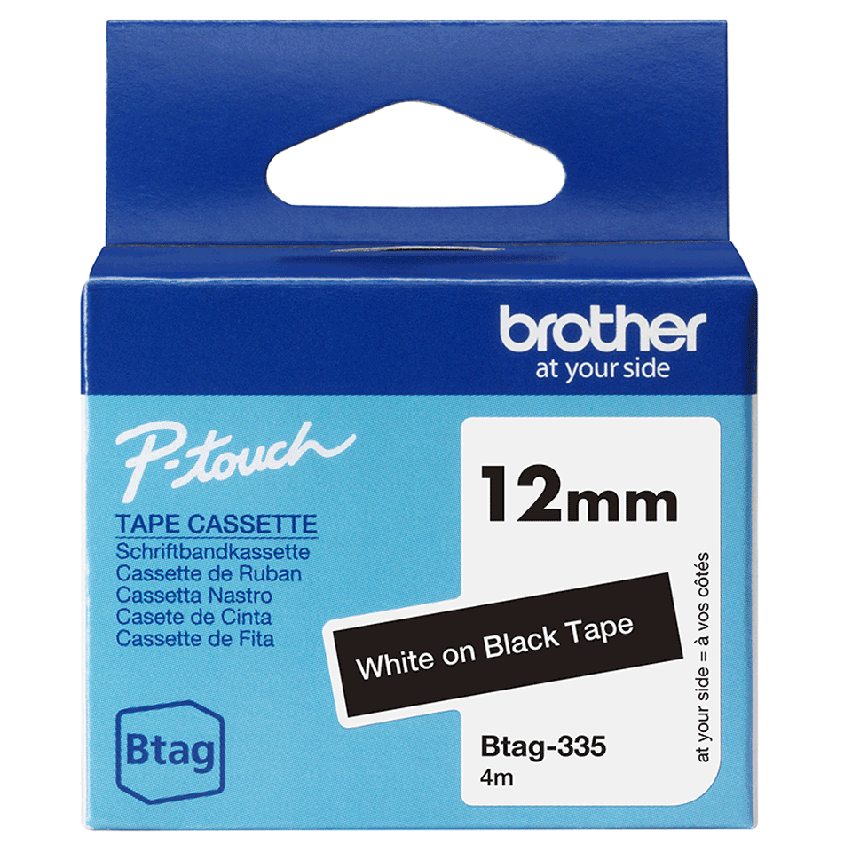 BTAG-335 - Ruban adhésif Brother blanc sur noir, 12 mm de large, non laminé