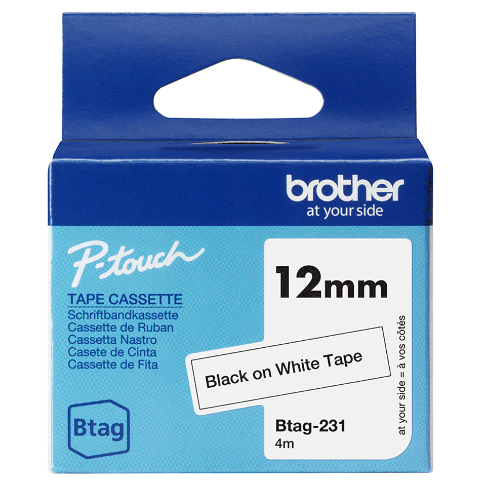 BTAG-231 - Ruban adhésif Brother – noir sur blanc, 12 mm de large, non laminé
