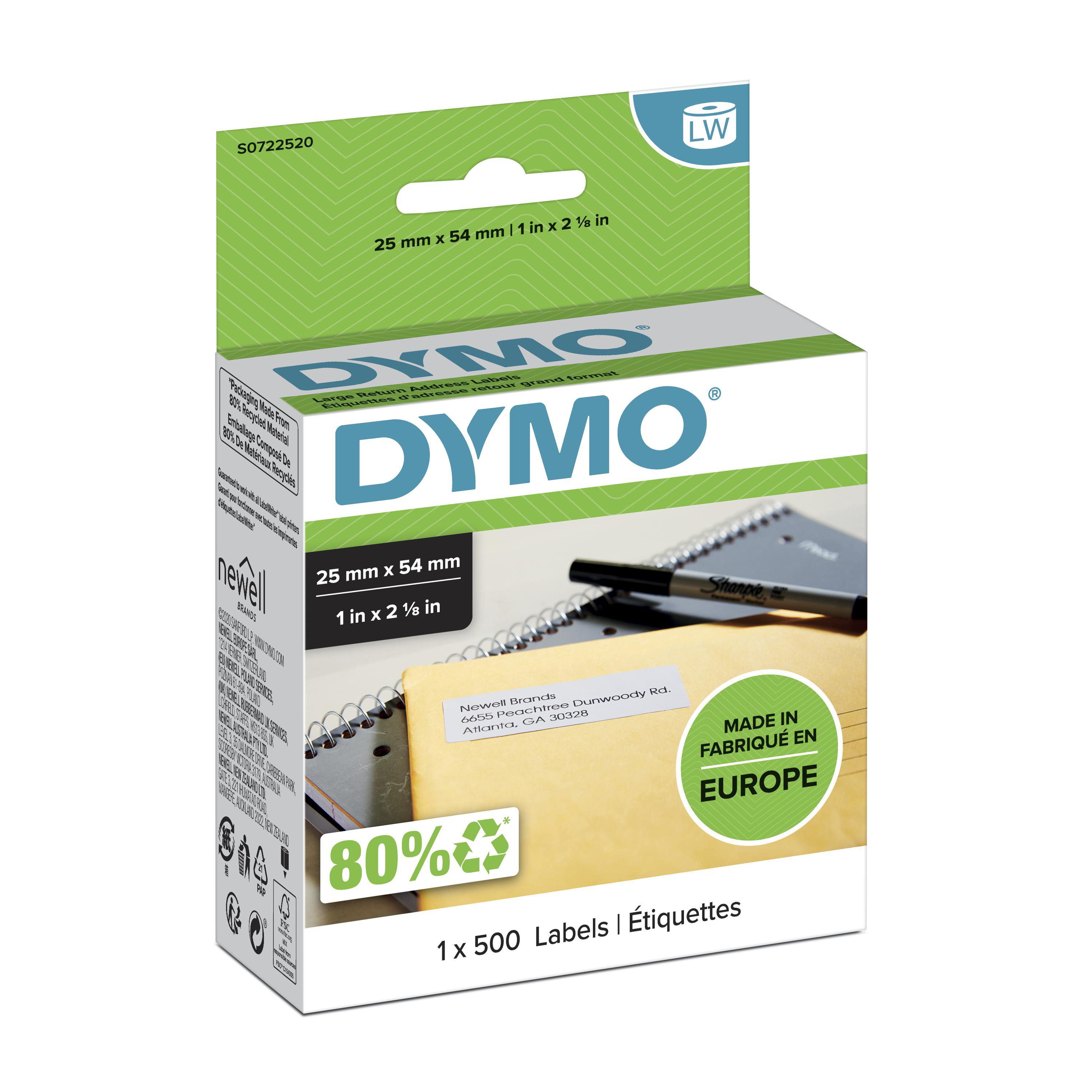 DYMO LW étiquettes de retour autocollantes | 25 mm x 54 mm | rouleau de 500 étiquettes faciles à décoller | pour les étiqueteuses LabelWriter