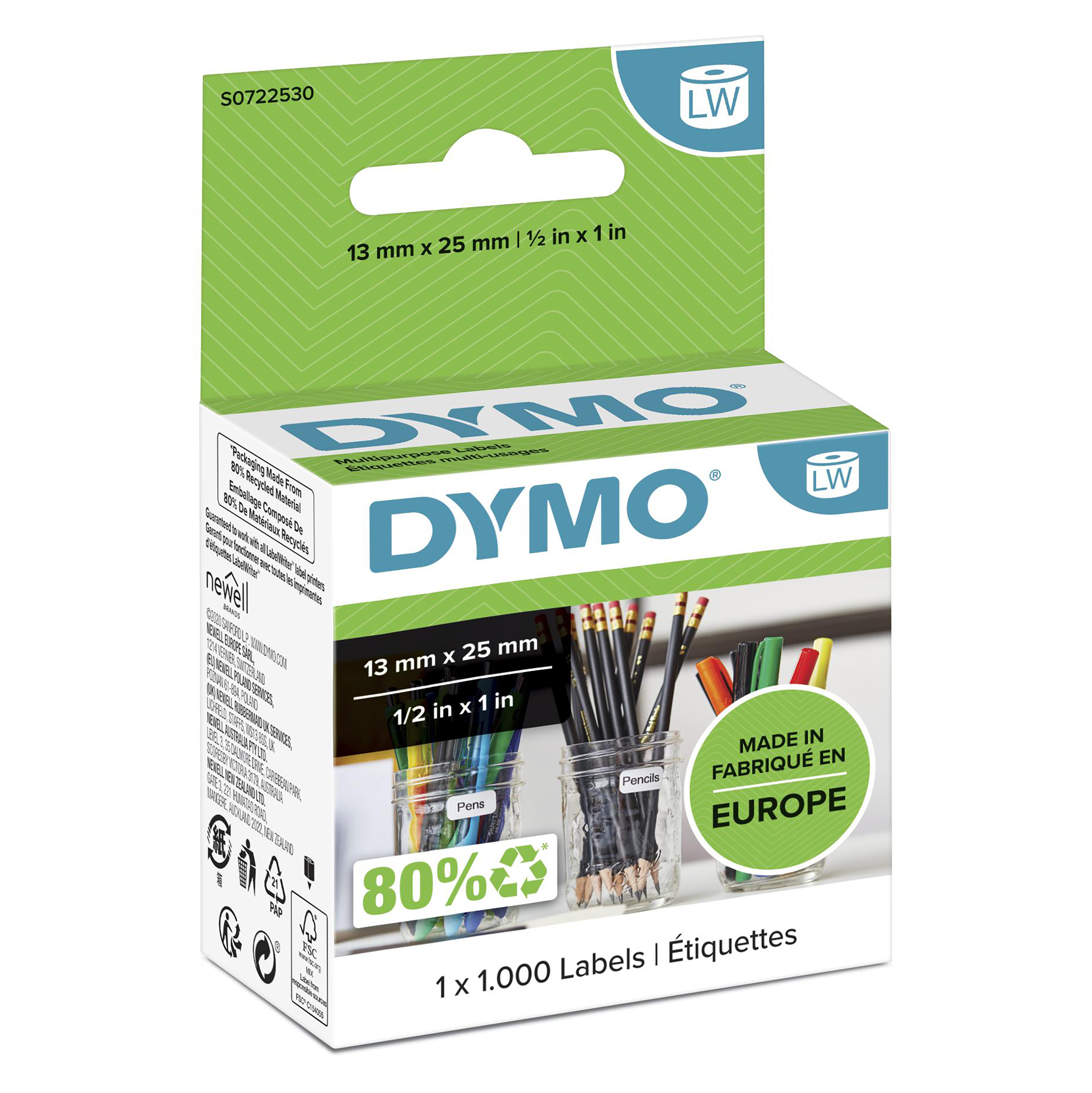 DYMO LW petites étiquettes autocollantes authentiques polyvalentes | 13 mm x 25 mm | rouleau de 1000 étiquettes faciles à décoller | pour les étiqueteuses LabelWriter