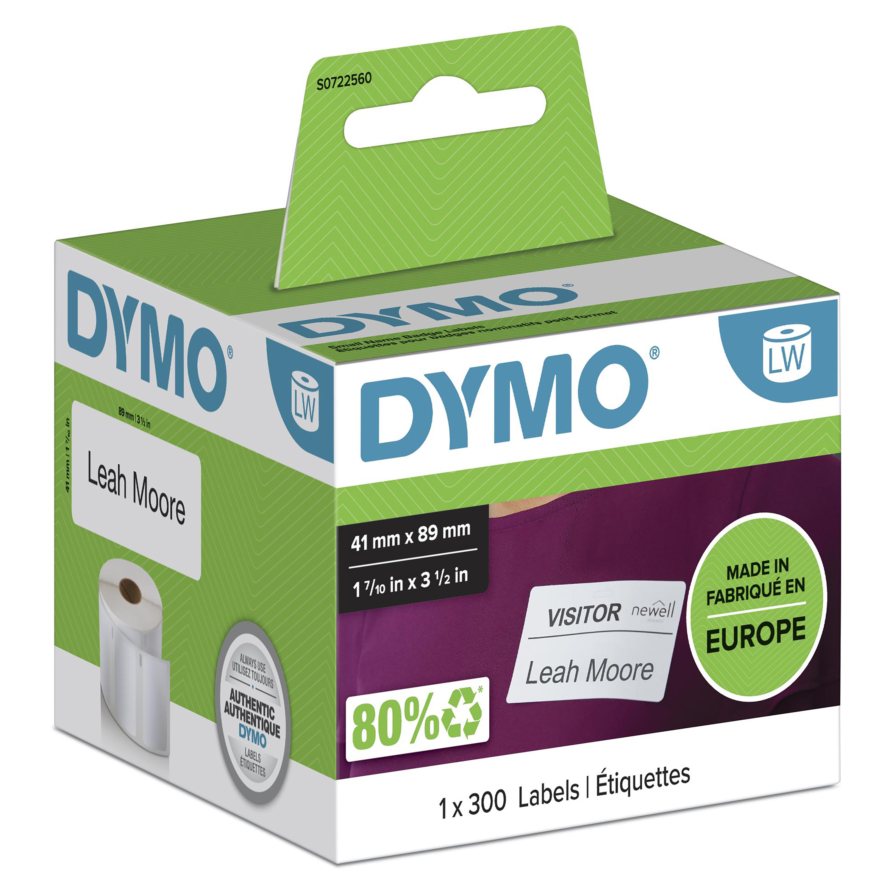 DYMO LW petites étiquettes autocollantes authentiques pour badges nominatifs | 41 mm x 89 mm | rouleau de 300 étiquettes faciles à décoller | pour les étiqueteuses LabelWriter