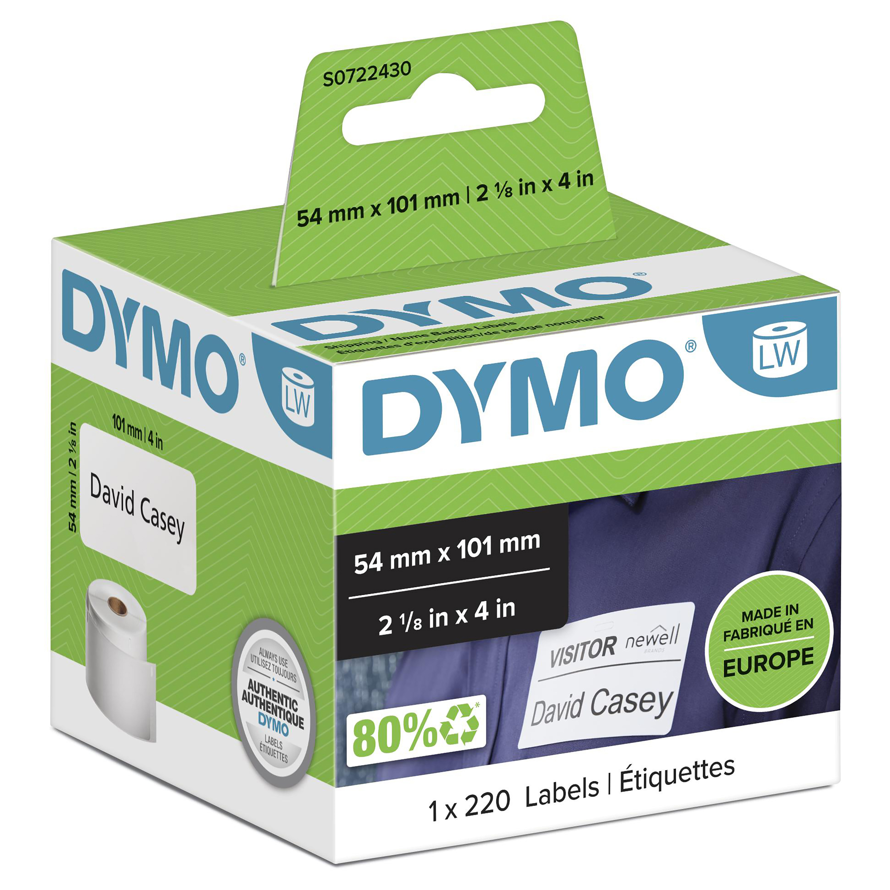 DYMO LW grandes étiquettes autocollantes authentiques pour expéditions et badges nominatifs | 54 mm x 101 mm | rouleau de 220 étiquettes faciles à décoller | pour les étiqueteuses LabelWriter