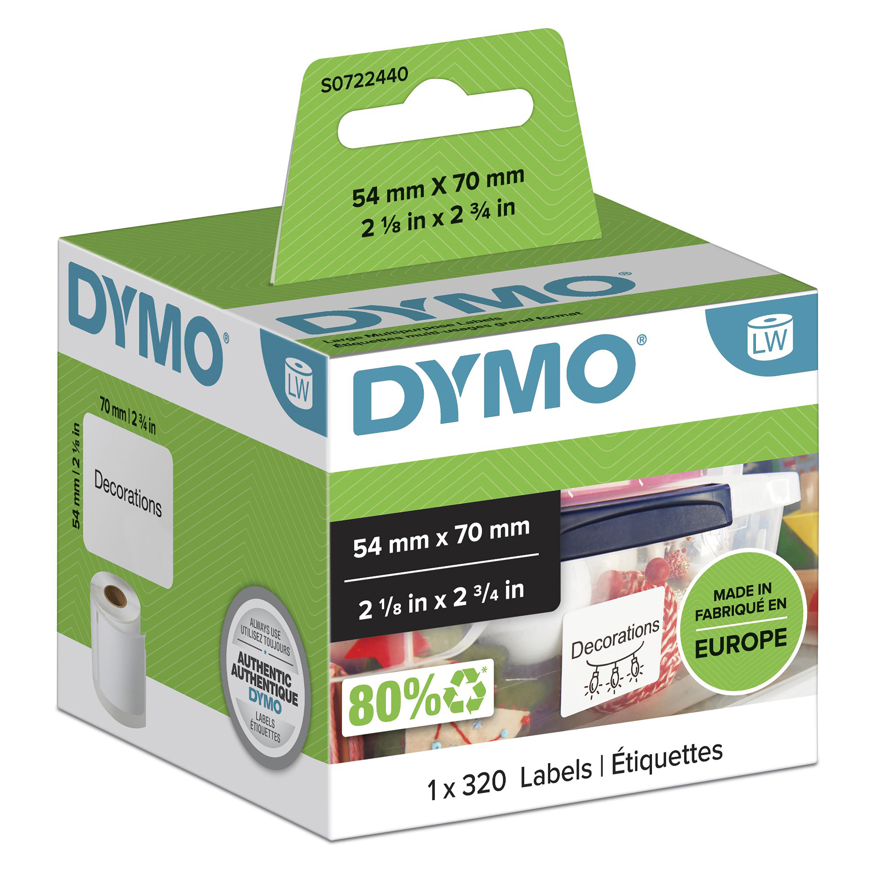 DYMO LW étiquettes autocollantes authentiques polyvalentes | 54 mm x 70 mm | rouleau de 320 étiquettes faciles à décoller | pour les étiqueteuses LabelWriter