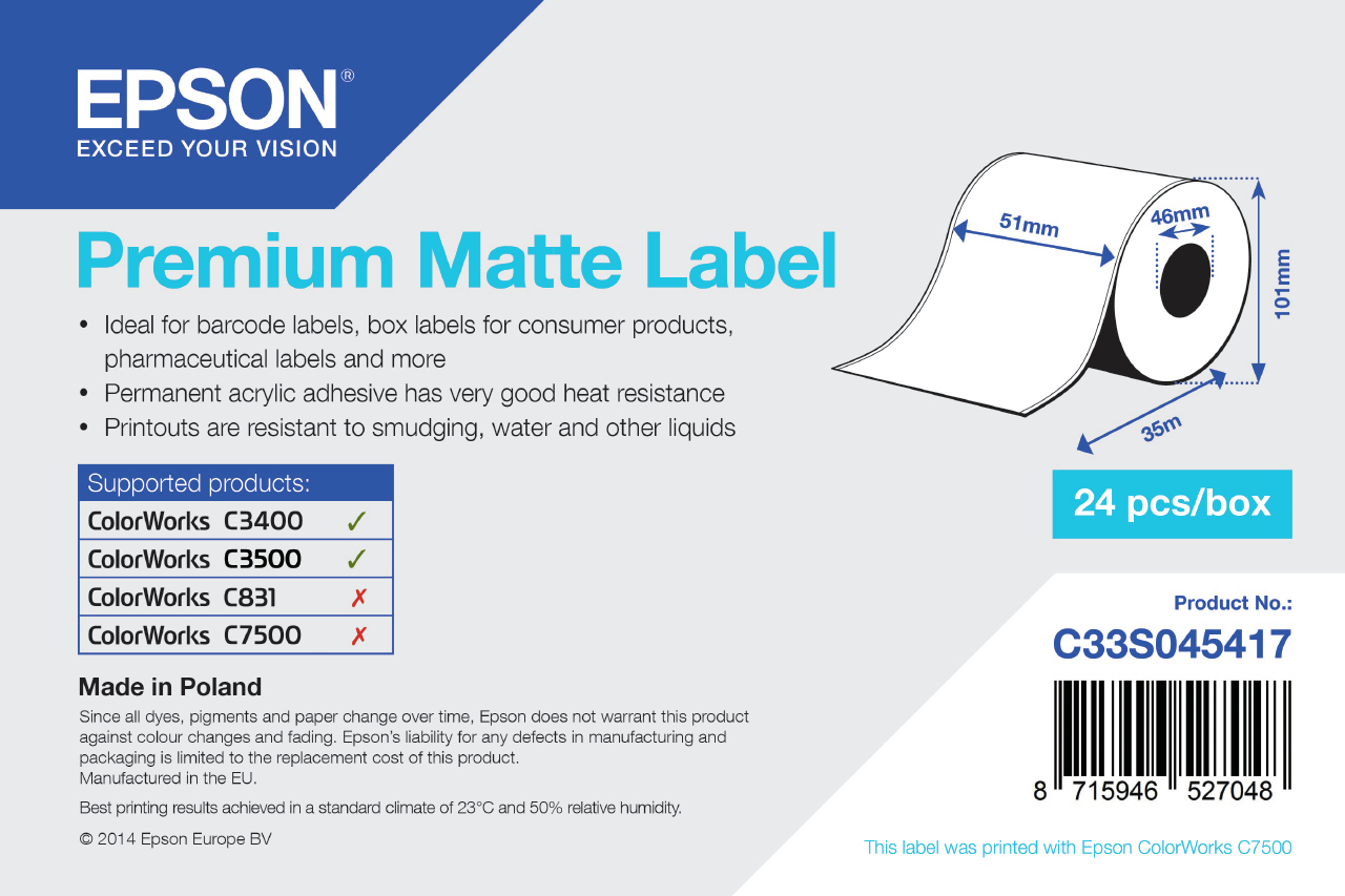 Rouleau adhesif continu Premium Matte 51mm x 35 mm pour TM-3400