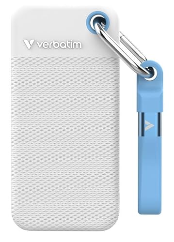 Verbatim Pocket SSD 2To, SSD Externe USB 3.2 Gen 2, jusqu'à 1000 Mo s en Lecture et en écriture, Disque Dur Externe avec 2 étuis en Caoutchouc (Blanc Bleu Clair) pour PC, Mac Console, Blanc