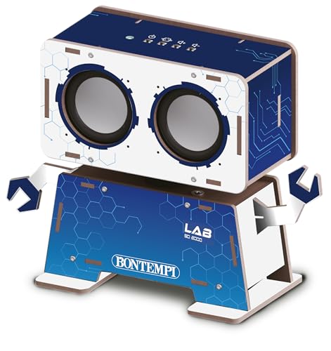 BONTEMPI - Kit de Montage Enceinte Acoustique Sound Box en Bois avec Unité de Contrôle Électronique, Haut-parleurs, Mouvement Robotique Tête 30 Degrés, Alimentation 3 Piles AAA 1,5V 200x156x84 mm