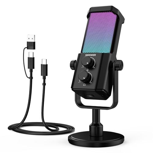 NEEWER AI Microphone USB, Micro cardioïde RGB Plug Play, réduction de Bruit IA Coupure du Son synchronisation Musicale contrôle Via app,Compatible avec Android, PC, Windows, Mac et PS4 5,UM01