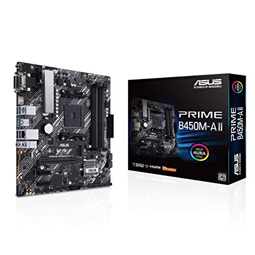 ASUS Prime B450M-A II Carte mère AMD AM4 (Ryzen 5000, 3ème 2ème et 1ère génération Ryzen Micro ATX (128 Go DDR4, 4400 O.C.), NVMe, HDMI 2.0b DVI D-Sub, USB 3.2 Gen 2, BIOS Flashback, et Aura Sync)