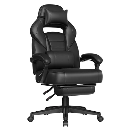 SONGMICS Fauteuil de Bureau, Chaise Gaming, Réglable, Repose-Pieds Télescopique, Mécanisme à Bascule, Appui-tête, Support Lombaire, Charge 150 kg, Noir d'encre OBG073B05