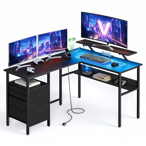 VASAGLE Bureau en L avec Multiprise, d'angle, Informatique avec Rehausseur d'Écran, Gaming LED, 2 Tiroirs, 2 Ports USB, Facile à Monter, Noir Boisé LWD095B01
