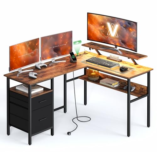 VASAGLE Bureau en L avec Multiprise, d’Angle, Informatique avec Rehausseur d’Écran, Gaming LED, 2 Tiroirs, 2 Ports USB, Facile à Monter, Marron Rustique et Noir d’Encre LWD095K01