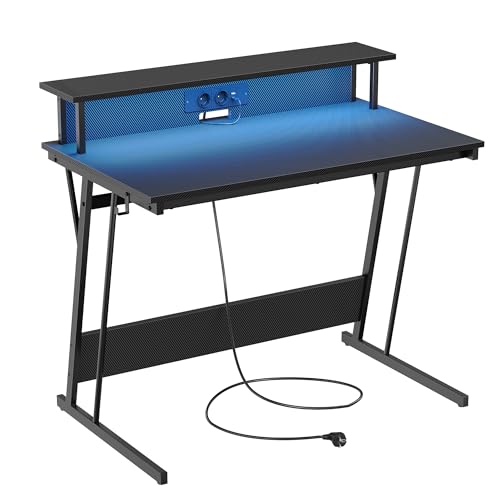 VASAGLE Bureau Gaming avec LED et Multiprise, Table Gamer, Bureau Informatique avec Rehausseur d’Écran, pour 2 Ordinateurs, pour Chambre, 60 x 100 x 76 cm, Noir Carbone LWD191B02