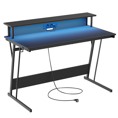 VASAGLE Bureau Gaming avec LED et Multiprise, Table Gamer, Bureau Informatique avec Rehausseur d’Écran, pour 2 Ordinateurs, pour Chambre, 60 x 120 x 76 cm, Noir Carbone LWD192B02