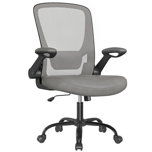 SONGMICS Chaise Bureau Ergonomique, Tissu en Maille, Support Lombaire, Mécanisme à Bascule, Assise Large de 53 cm, Accoudoirs Rabattables, pour Bureau, Chambre, Gris Ardoise OBN037G01