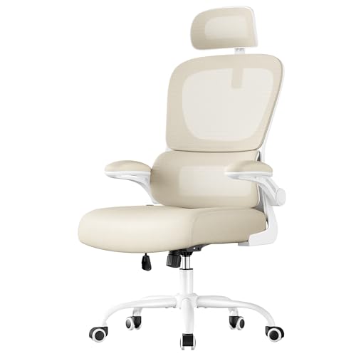 SONGMICS Chaise de Bureau, Chaise Ergonomique, avec Tissu en Maille Respirant à Double Couche, Soutien Lombaire Adaptatif, Appui-Tête Réglable, pour Bureau à Domicile, Beige Sable OBN041L01