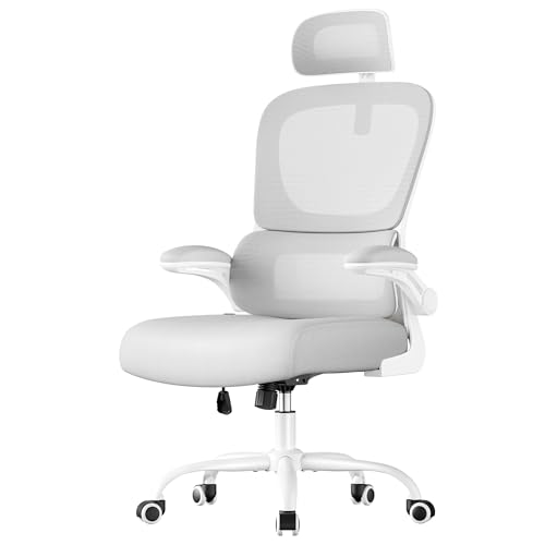 SONGMICS Chaise de Bureau, Chaise Ergonomique, avec Tissu en Maille Respirant à Double Couche, Soutien Lombaire Adaptatif, Appui-Tête Réglable, pour Bureau à Domicile, Gris Tourterelle OBN041G01