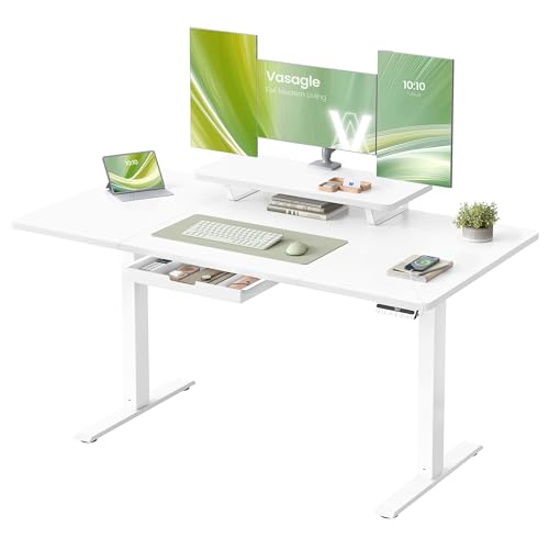 VASAGLE Bureau Électrique Réglable en Hauteur, 140 x 70 cm, Support d'Écran à Montage Flexible, Tiroir, Port USB-C, Rappel de Sédentarité, pour Télétravail, Blanc Nuage LSD154WB01