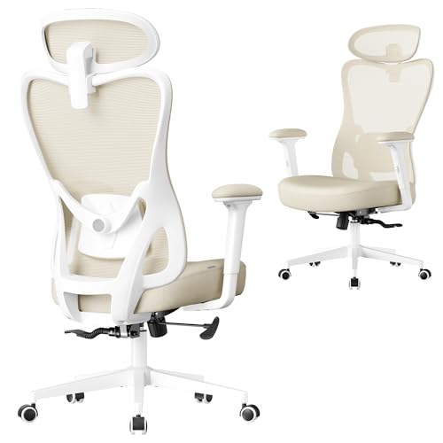 SONGMICS Chaise de Bureau Ergonomique, Fauteuil de Bureau, Appui-Tête et Soutien Lombaire Réglables, Supporte Jusqu’à 150 kg, Hauteur Réglable, Beige Sable OBN066LF01