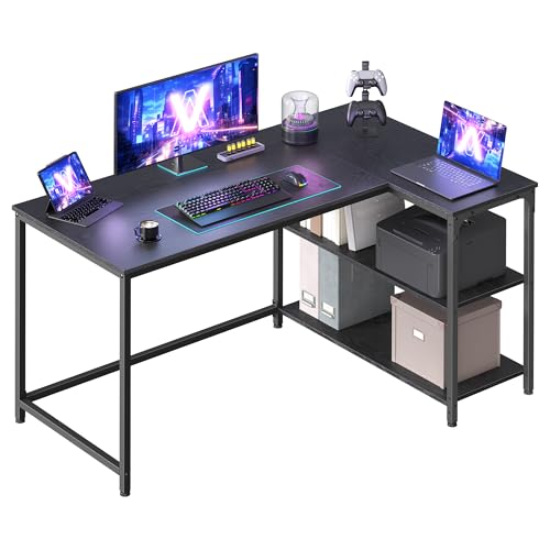 VASAGLE Bureau Gaming en L, Bureau avec Rangement, Étagères Réversibles à Hauteur Réglable, pour Domicile, 120 x 80 cm, Noir Boisé LWD136BE01