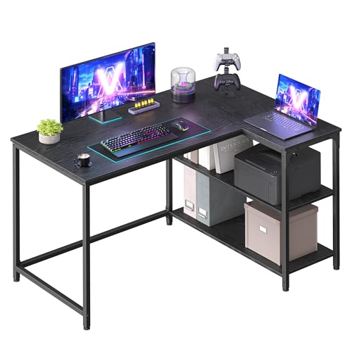 VASAGLE Bureau Gaming en L, Bureau avec Rangement, Étagères Réversibles à Hauteur Réglable, pour Domicile, 110 x 80 cm, Noir Boisé LWD135BE01