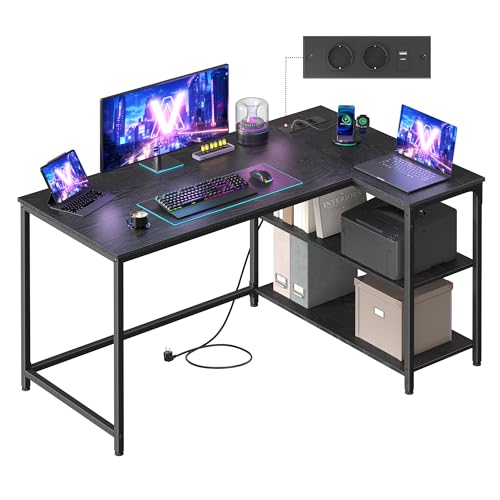 VASAGLE Bureau Gaming en L, Bureau avec Rangement, Étagères Réversibles à Hauteur Réglable, pour Domicile, avec Prises de Courant et 2 Ports USB, 120 x 80 cm, Noir Boisé LWD132BE01