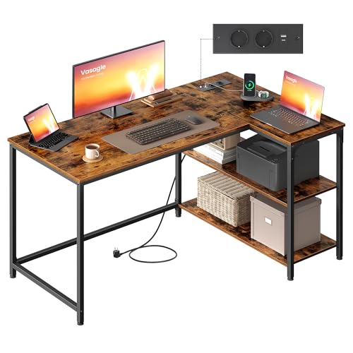 VASAGLE Bureau Gaming en L, Bureau avec Rangement, Étagères Réversibles à Hauteur Réglable, pour Domicile, avec Prises de Courant et 2 Ports USB, 120 x 80 cm, Marron Rustique LWD132KD01