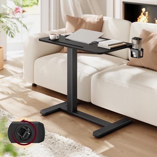 VASAGLE Bureau Assis-Debout sur roulettes, Table Mobile Réglable en Hauteur, Plateau de 70 x 40 cm, 2 Porte-gobelets, Fente Porte-Téléphone ou Tablette, Noir d'encre LSD600B01