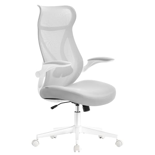 SONGMICS Fauteuil de Bureau, Chaise de Bureau, Dossier Ergonomique, Hauteur Réglable, Accoudoirs Relevables, Chaise Pivotante avec Appui-Tête, Supporte Jusqu’à 150 kg, Gris Tourterelle OBN088GD01
