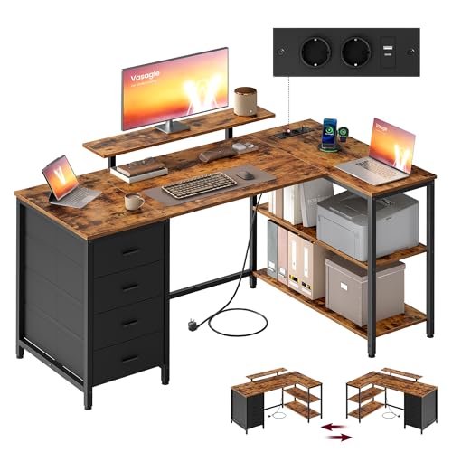VASAGLE Bureau d’Angle en Forme de L, Prises Intégrées, Bureau Informatique, Configuration Réversible, Étagères Réglables, 4 Tiroirs, 2 Ports USB, 140 x 80 cm, Marron Rustique LWD172KD01