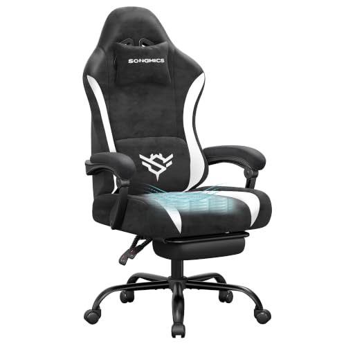 SONGMICS Chaise Gamer, Fauteuil de Bureau en Tissu Suédine, Ergonomique avec Repose-Pieds, Inclinable à 135°, 70 x 70 x (120-130) cm, Noir et Blanc, Collection Cathy OBG092BH01