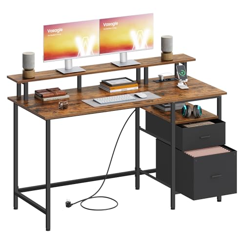 VASAGLE Bureau Gaming, avec Tiroirs en Tissu, Table Informatique avec Support d'Écran, Multiprise, 2 Ports USB, pour Bureau à Domicile, 140 x 60 cm, Marron Rustique LWD094K02V1