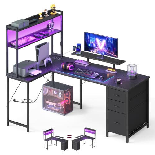 VASAGLE Bureau Gaming d'angle Réversible, Prises USB LED, Table en L Étagères, Support d'Écran 3 Tiroirs Rangement, 160 x 100 cm, Travail Domicile Gaming, Noir Boisé et Noir Mat LWD163B101