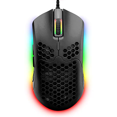 LexonElec AJ390 Souris de jeu avec capteur optique 16 000 DPI Éclairage RVB Chroma, coque légère en nid d'abeille 69 g, câble ultratissé, 7 boutons programmables pour gamer PC (Noir)