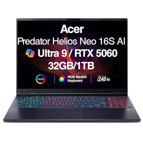 acer Predator Helios Neo 16 AI Ordinateur portable de jeu | 16 po WQXGA 240 Hz | Intel Core Ultra 9 275HX | NVIDIA GeForce RTX 5060 | 32 Go | 1 To | Win 11