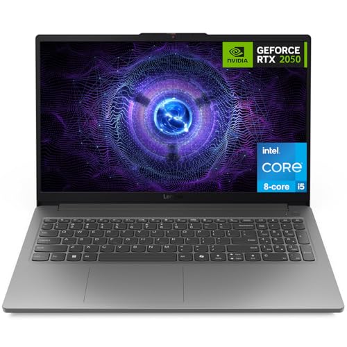 Lenovo LOQ Essential Ordinateur portable de jeu, écran 15,6 po FHD 144 Hz, 8 cœurs Intel Core i5-12450HX, GeForce RTX 2050, 16 Go DDR5, 512 Go SSD, Wi-Fi 6, RJ-45, USB-C, HDMI, lecteur de cartes, non