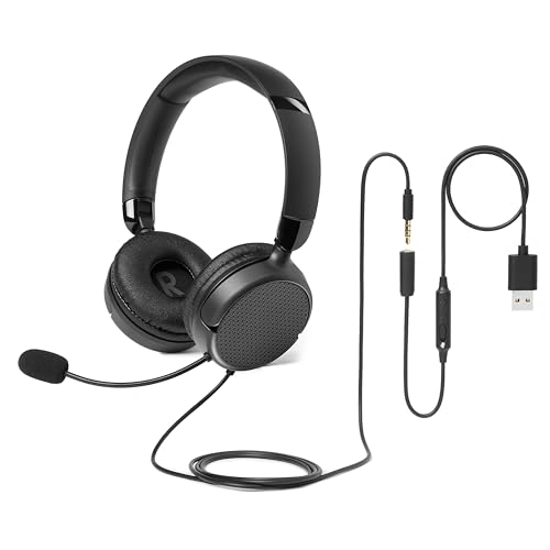 Amazon Basics Casque Supra-Auriculaire Avec Câble, Microphone Réglable, Connexion 3,5mm, Commande Filaire Avec USB-A, Pliable, Casque Pour Bureau, Smartphone, PC, Ordinateur Portable, Noir